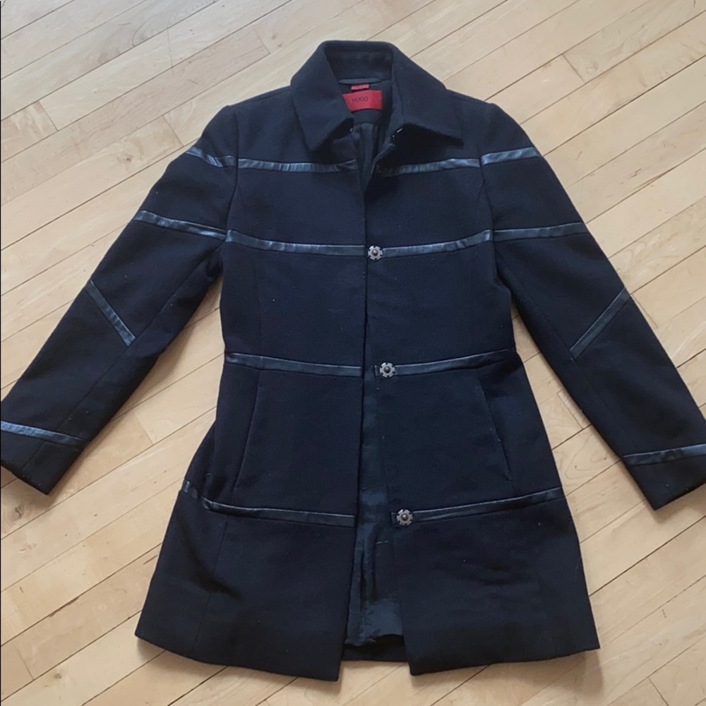 Hugo Boss black wool coat with leather detail
